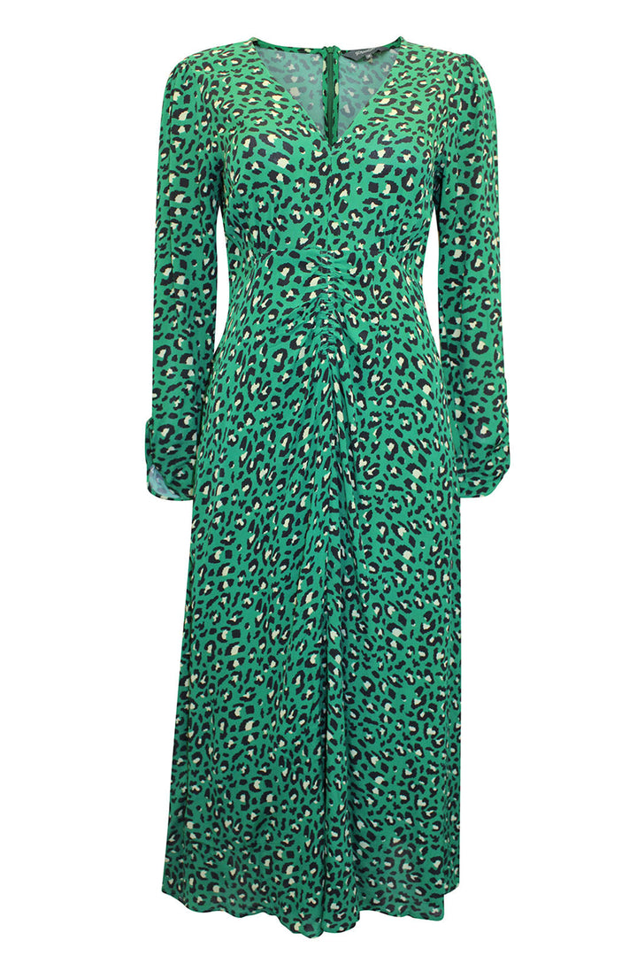 Green Animal Print V-Neck Midi Dress