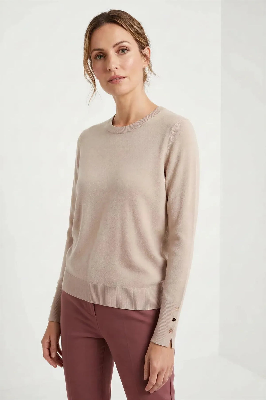 Button Cuff Light Knit Crew Neck Jumper