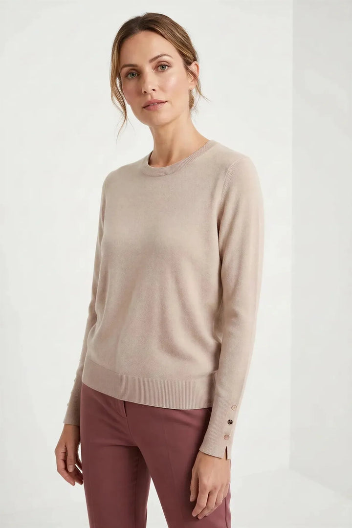 Button Cuff Light Knit Crew Neck Jumper