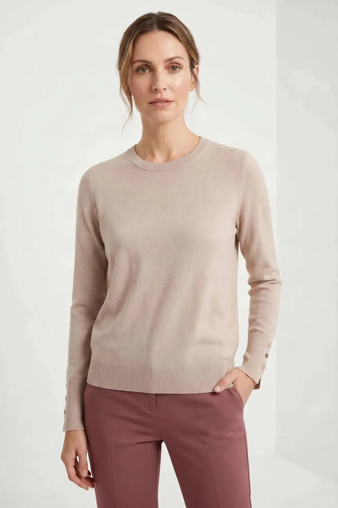 Button Cuff Light Knit Crew Neck Jumper