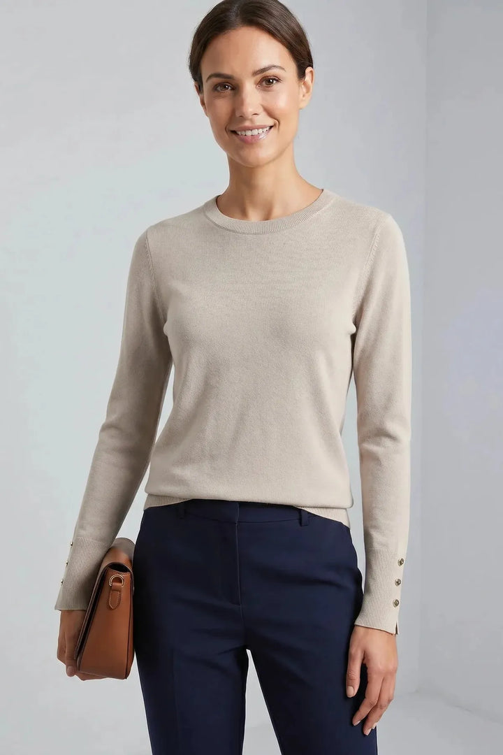 Button Cuff Light Knit Crew Neck Jumper