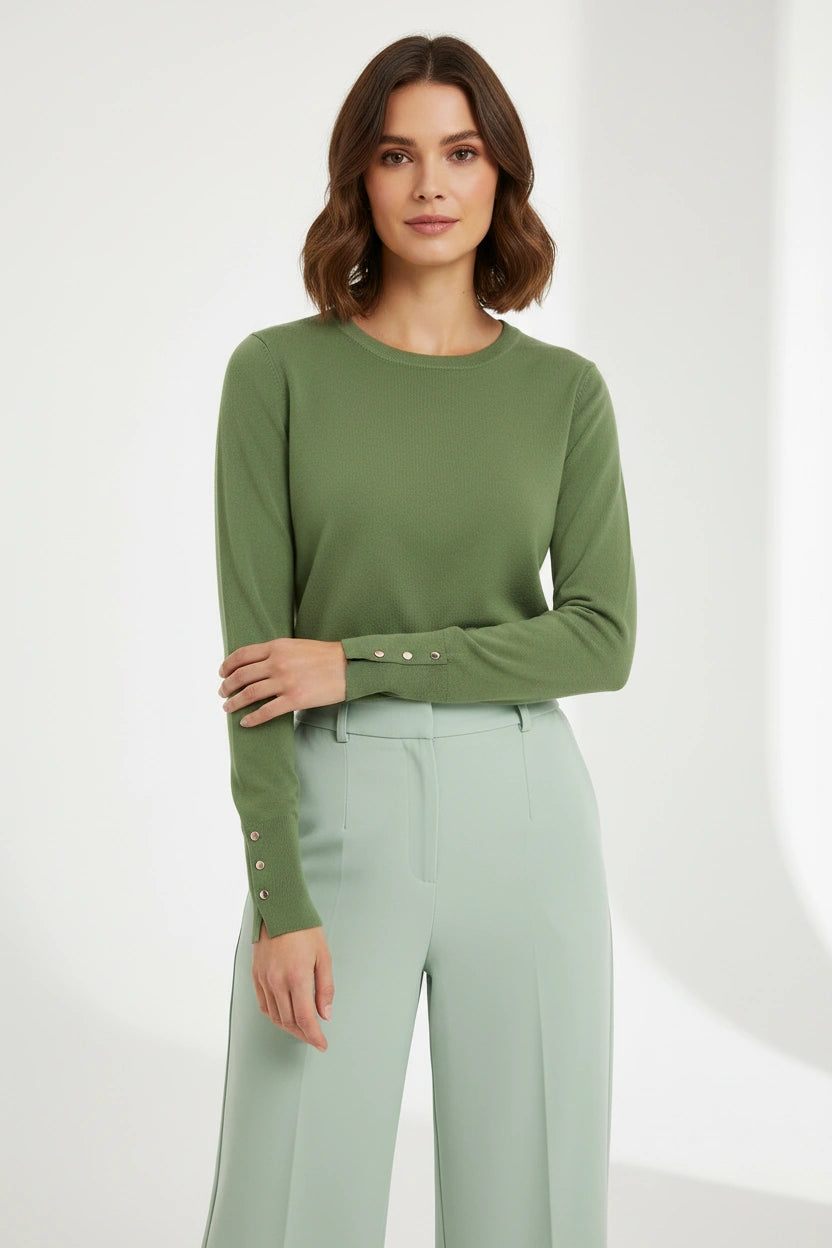 Button Cuff Light Knit Crew Neck Jumper