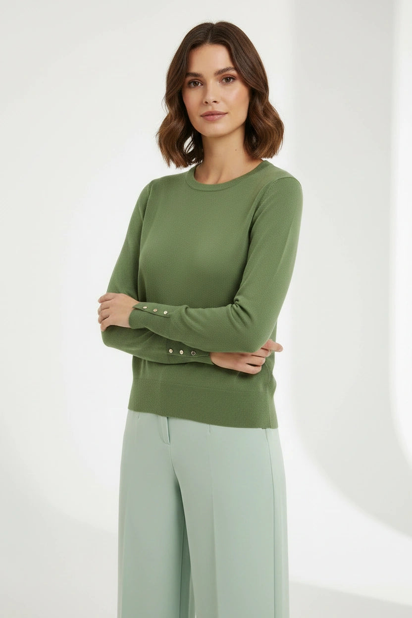 Button Cuff Light Knit Crew Neck Jumper