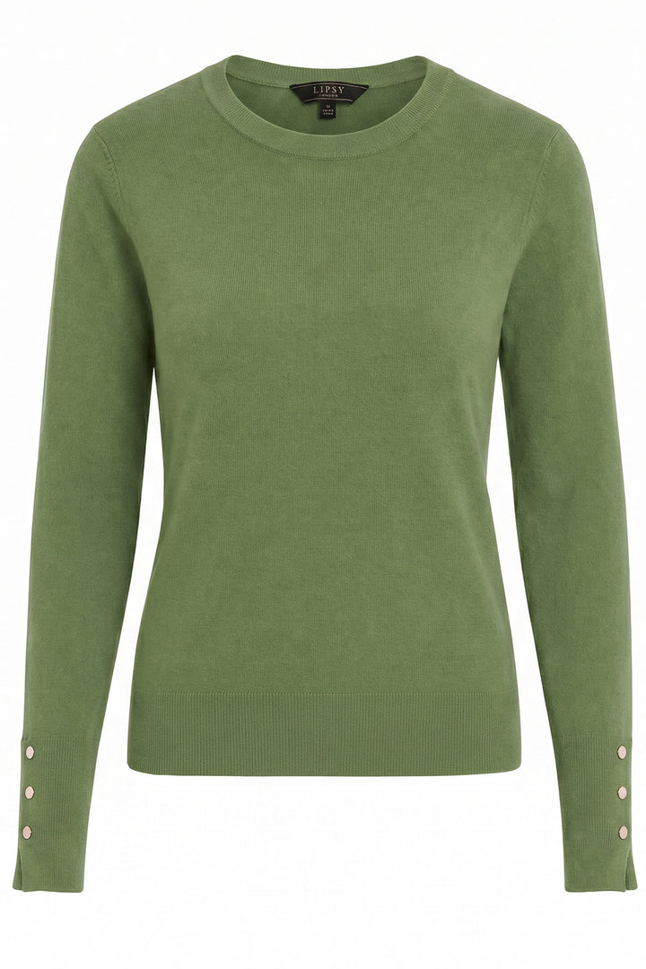 Button Cuff Light Knit Crew Neck Jumper
