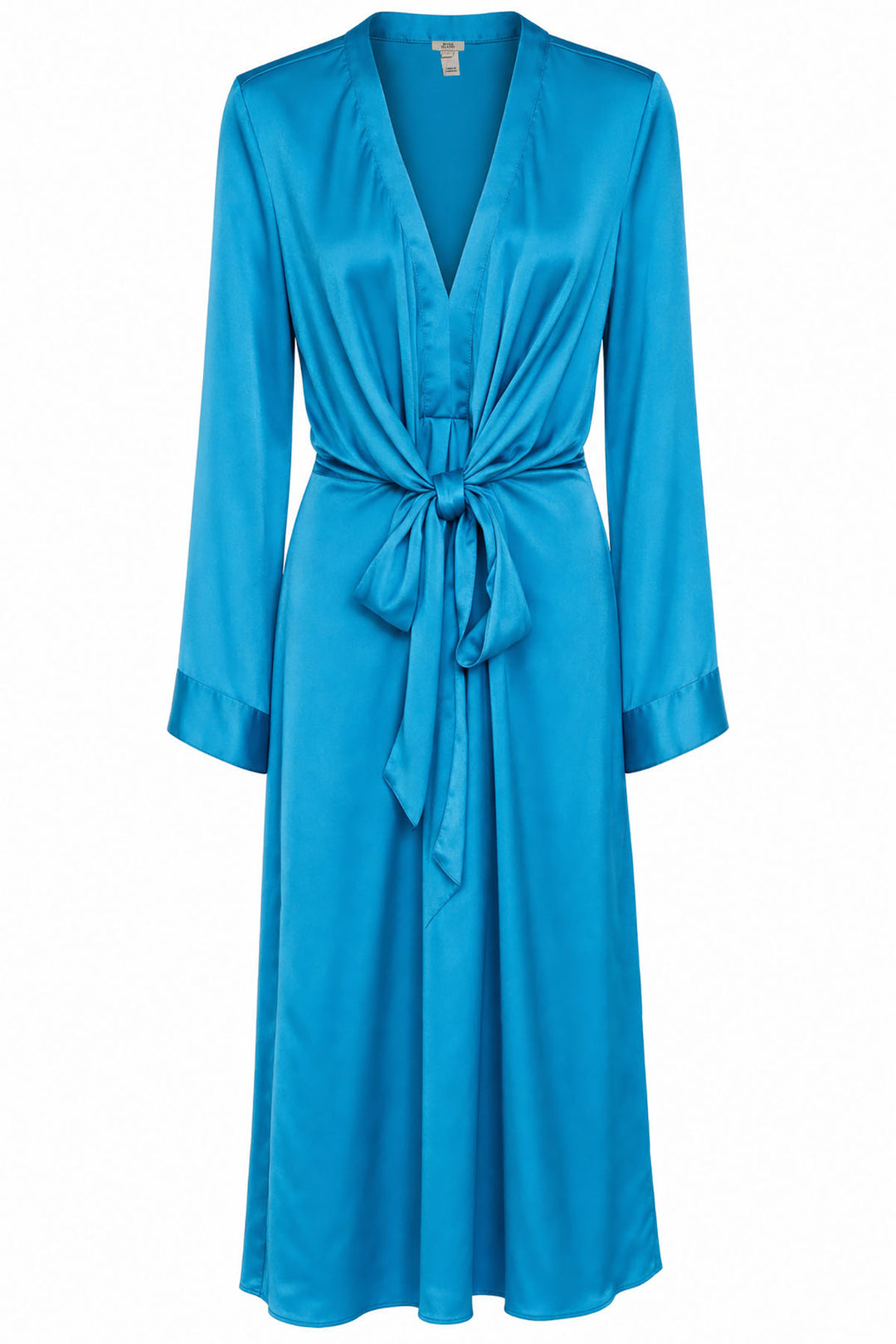 Turquoise Silky Long Sleeve Knot Front Dress