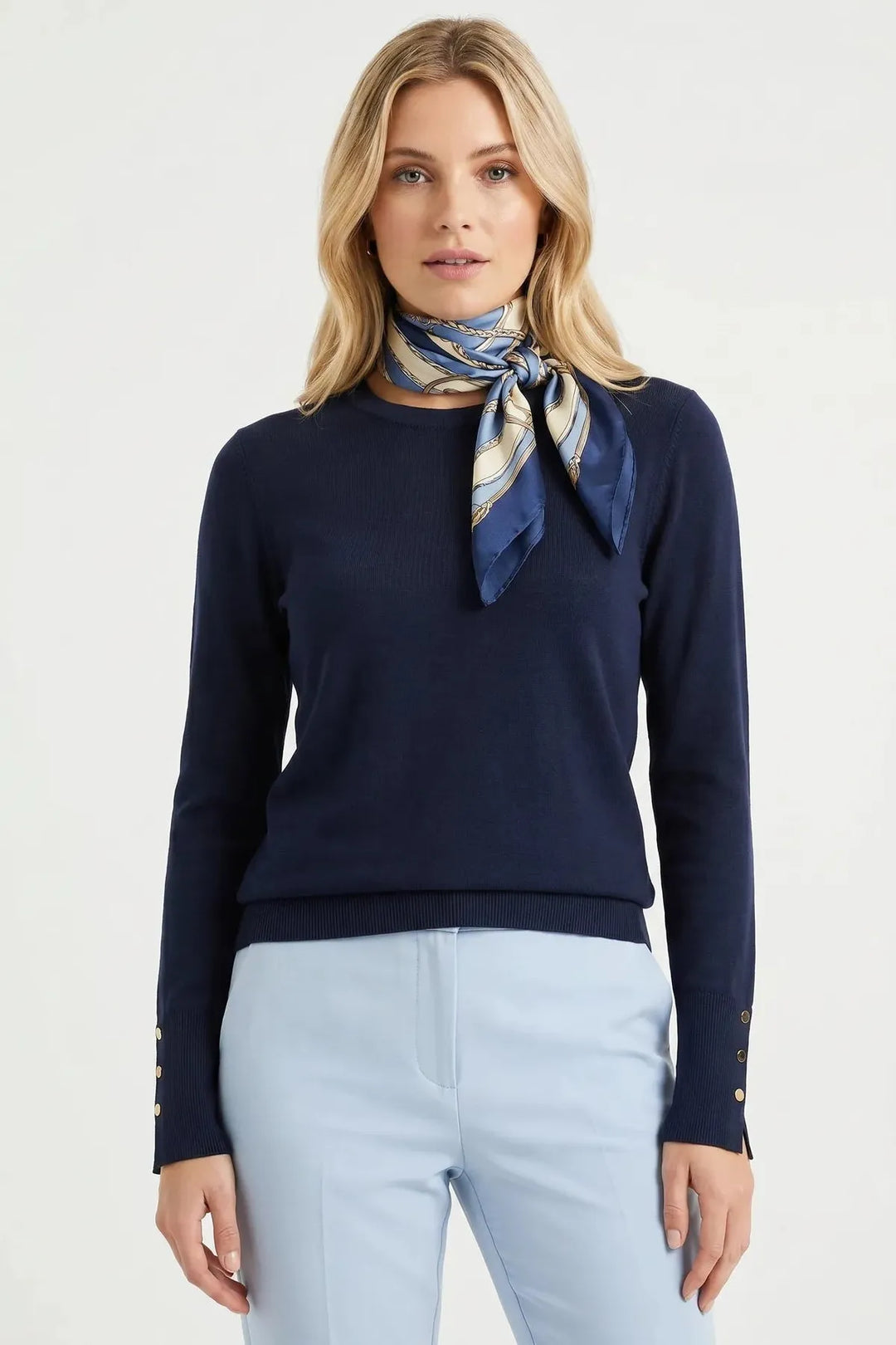 Button Cuff Light Knit Crew Neck Jumper