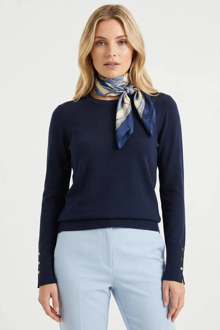 Button Cuff Light Knit Crew Neck Jumper