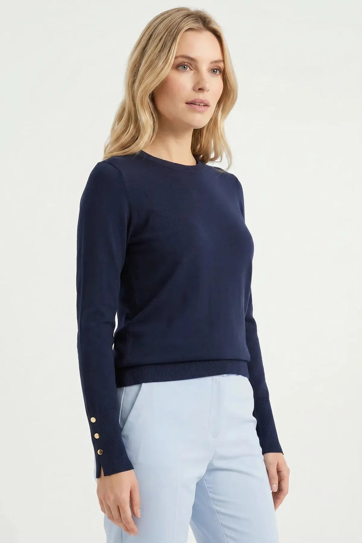 Button Cuff Light Knit Crew Neck Jumper