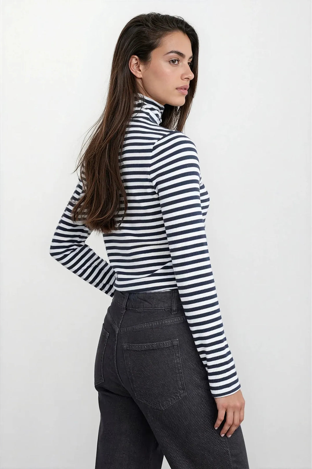 Striped Ribbed Roll Neck Top