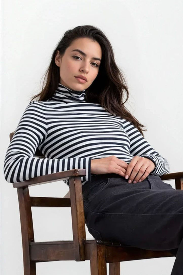 Striped Ribbed Roll Neck Top