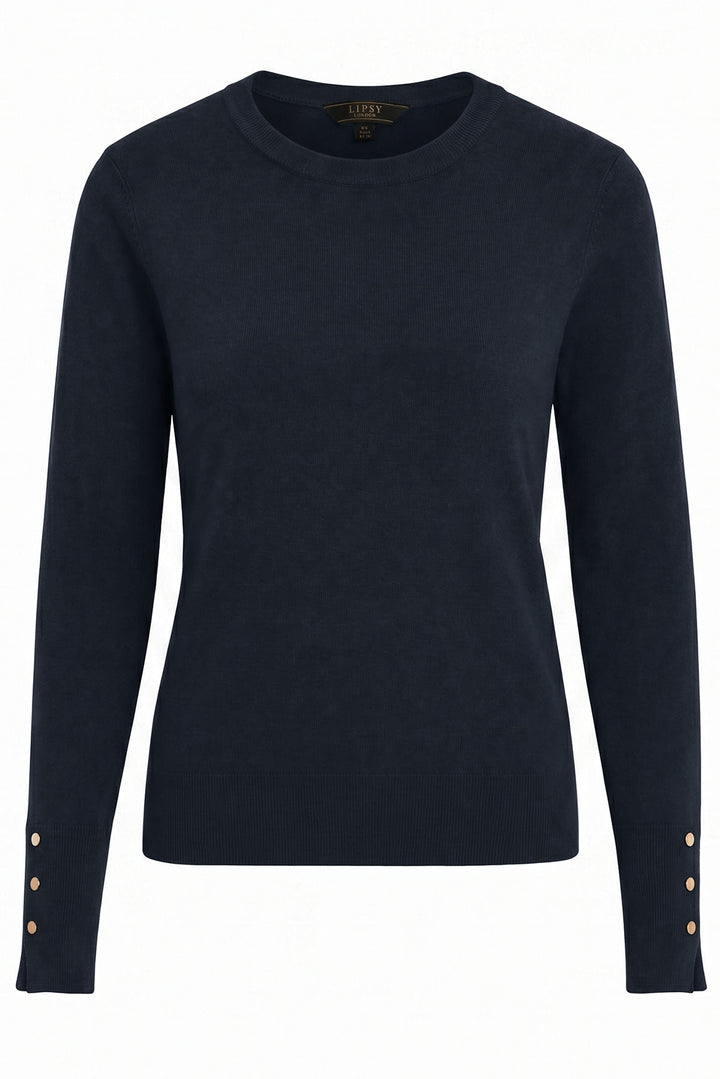 Button Cuff Light Knit Crew Neck Jumper