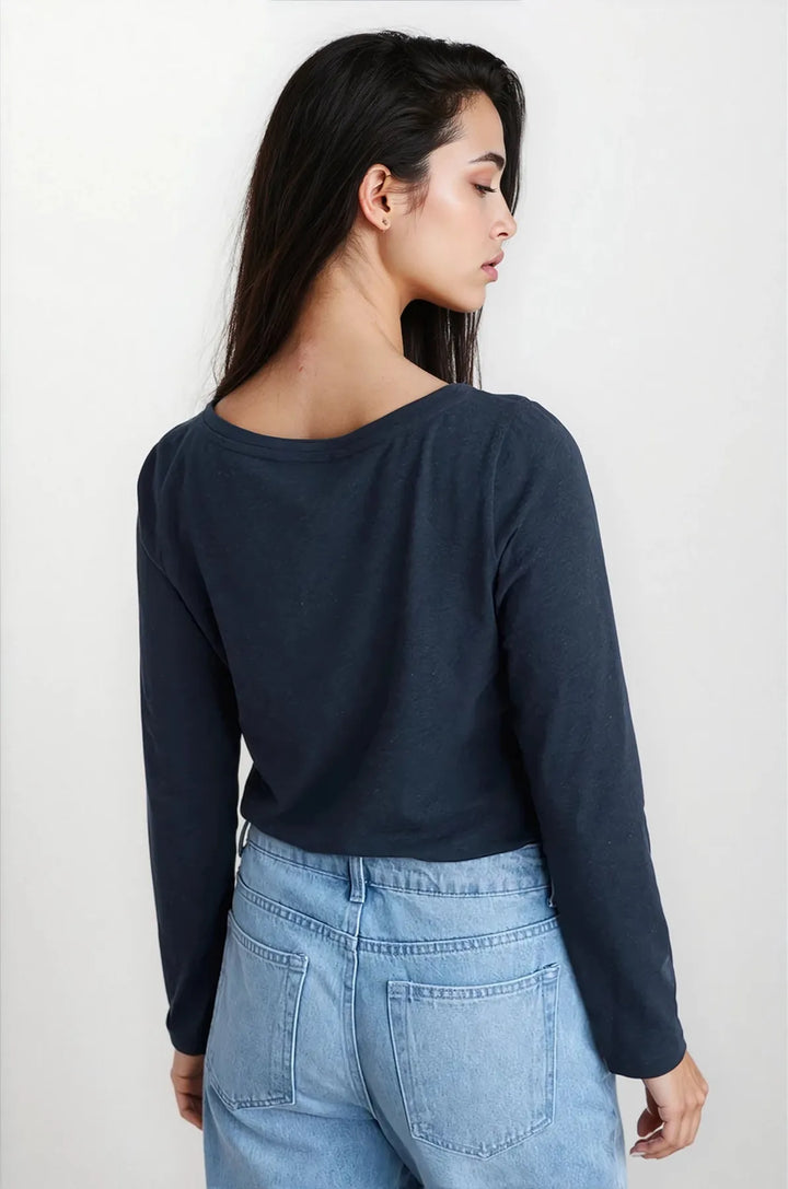 Boat Neck Long Sleeve Cotton Top