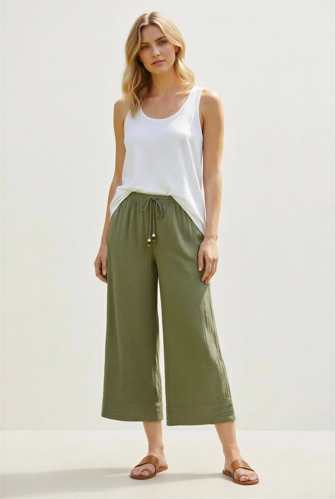 Per Una Khaki Crinkle Texture Wide Leg Culottes