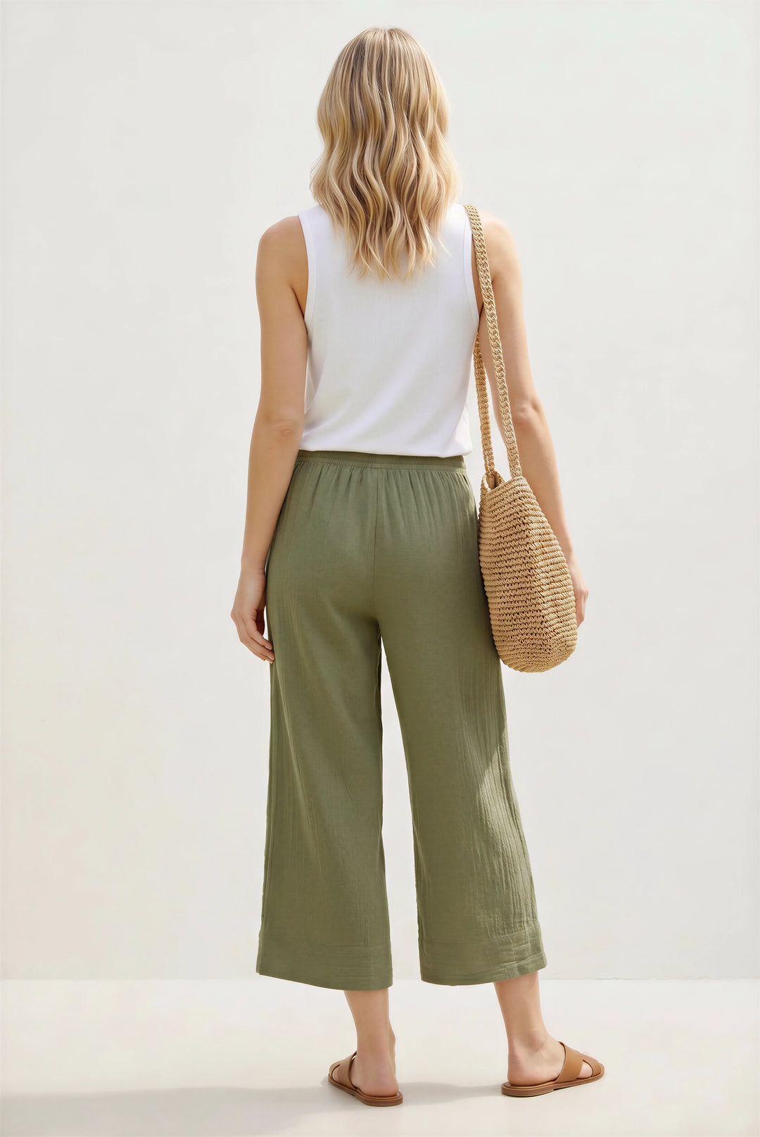 Per Una Khaki Crinkle Texture Wide Leg Culottes