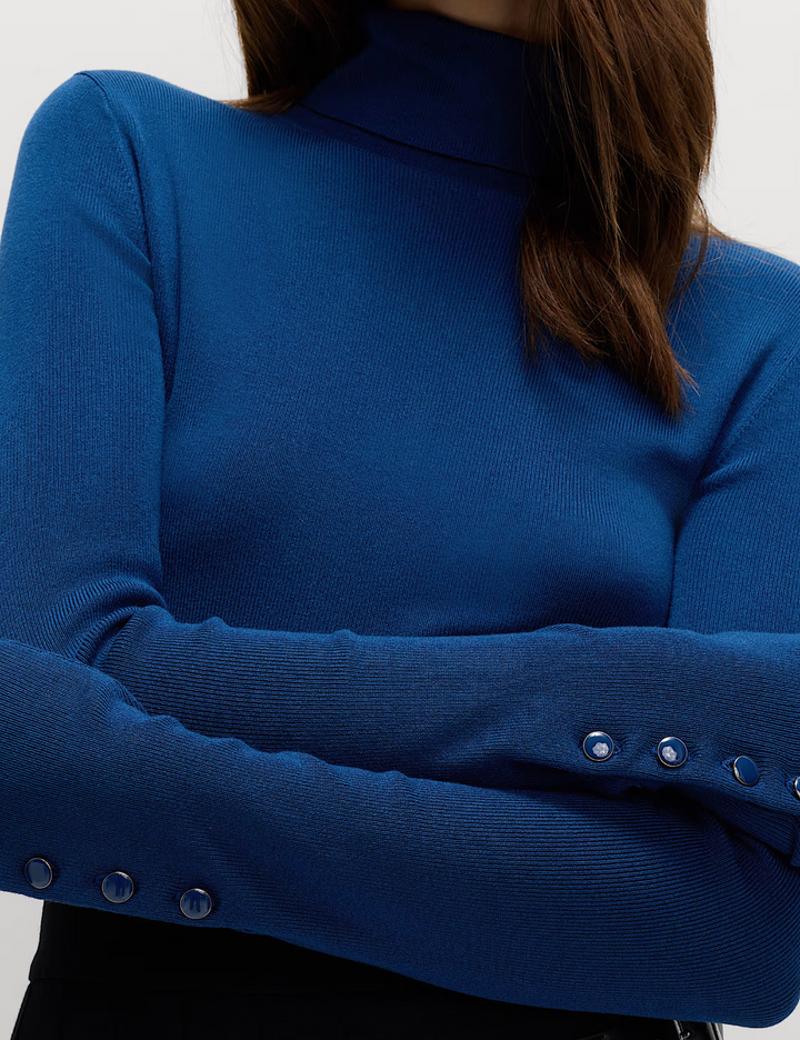 Fine Knit Roll Neck Button Cuff Jumper