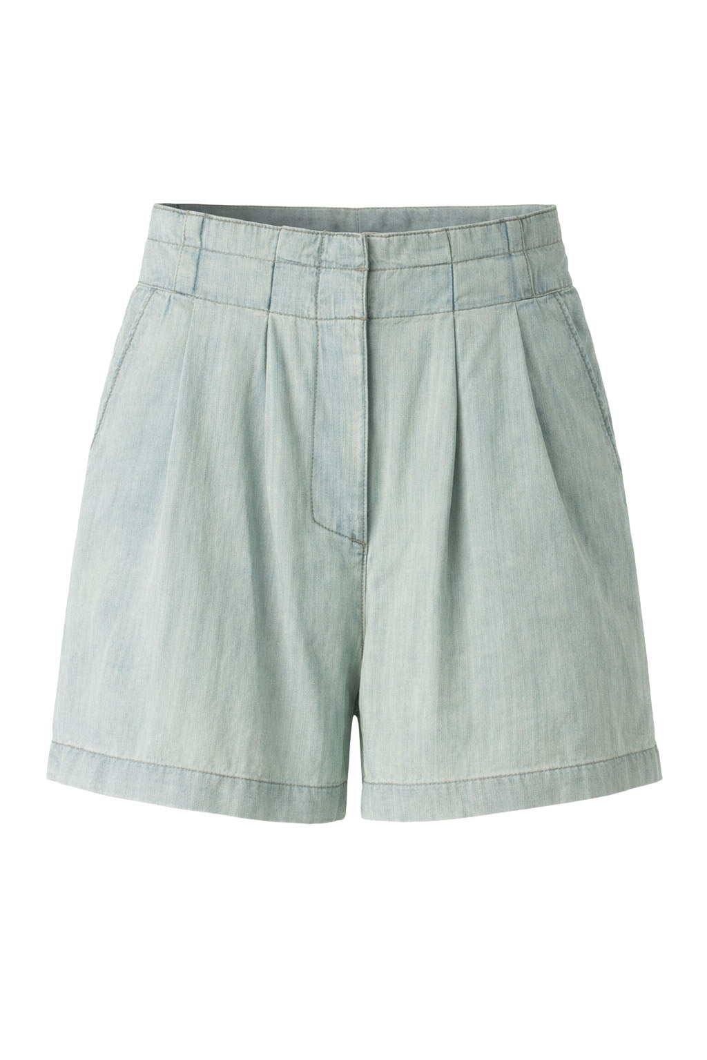 Pale Blue Chambray Pleat Front Shorts