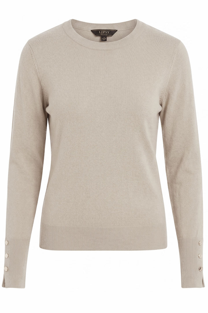 Button Cuff Light Knit Crew Neck Jumper