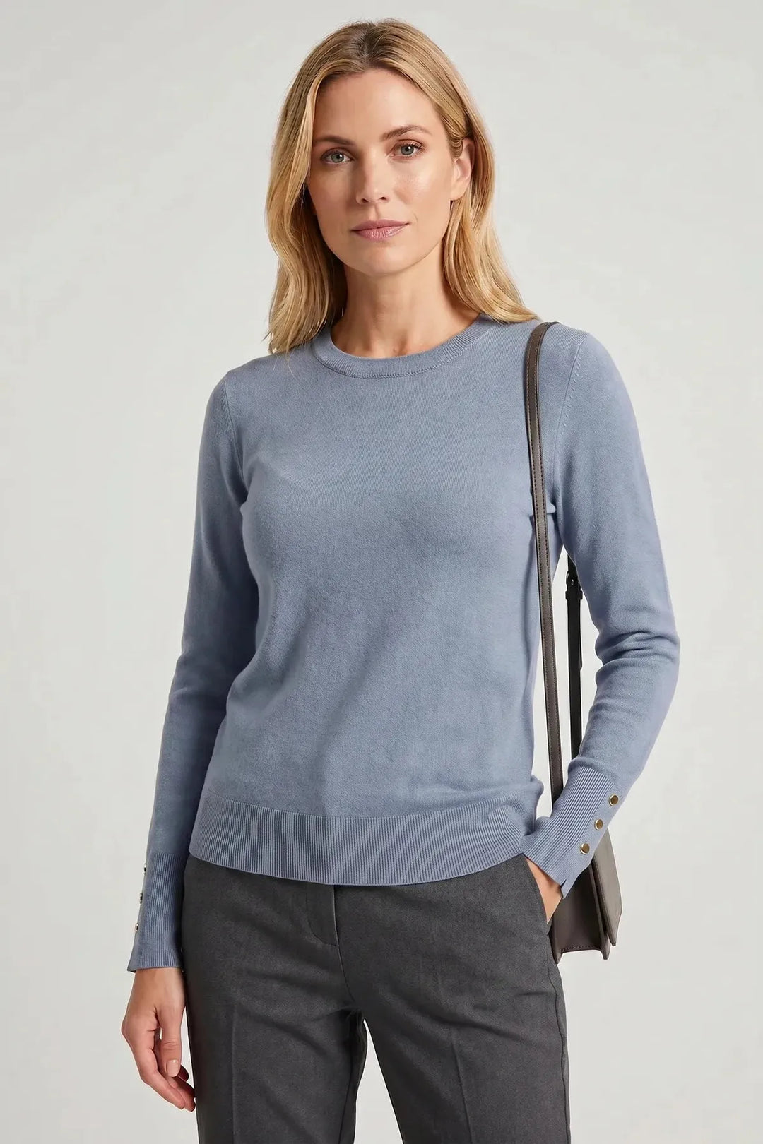 Button Cuff Light Knit Crew Neck Jumper