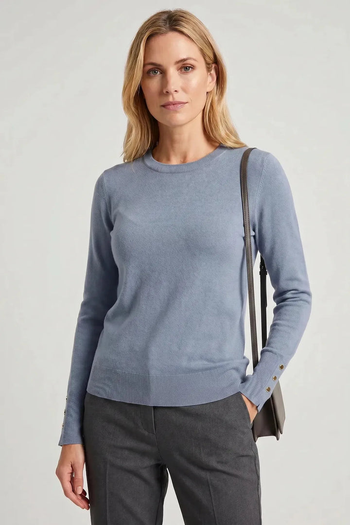 Button Cuff Light Knit Crew Neck Jumper