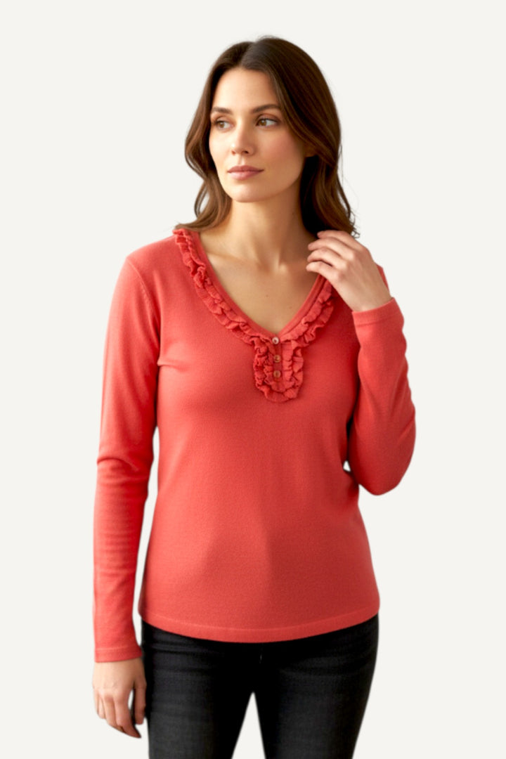 Red Frill V-Neck Knit Top