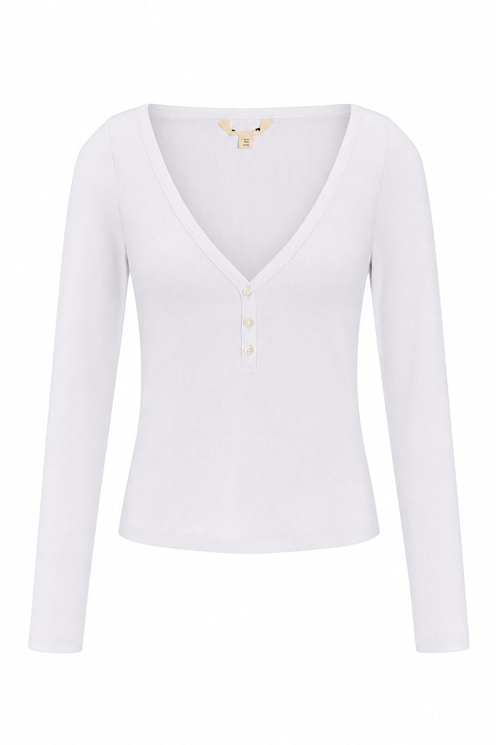 White Long Sleeve V-Neck Ribbed Top