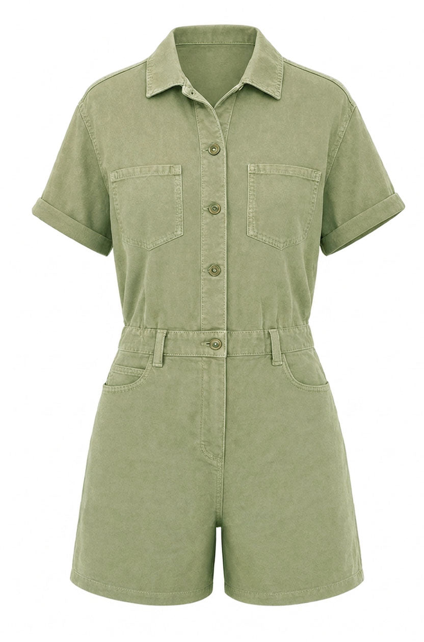 Short Sleeved Washed Denim Playsuit