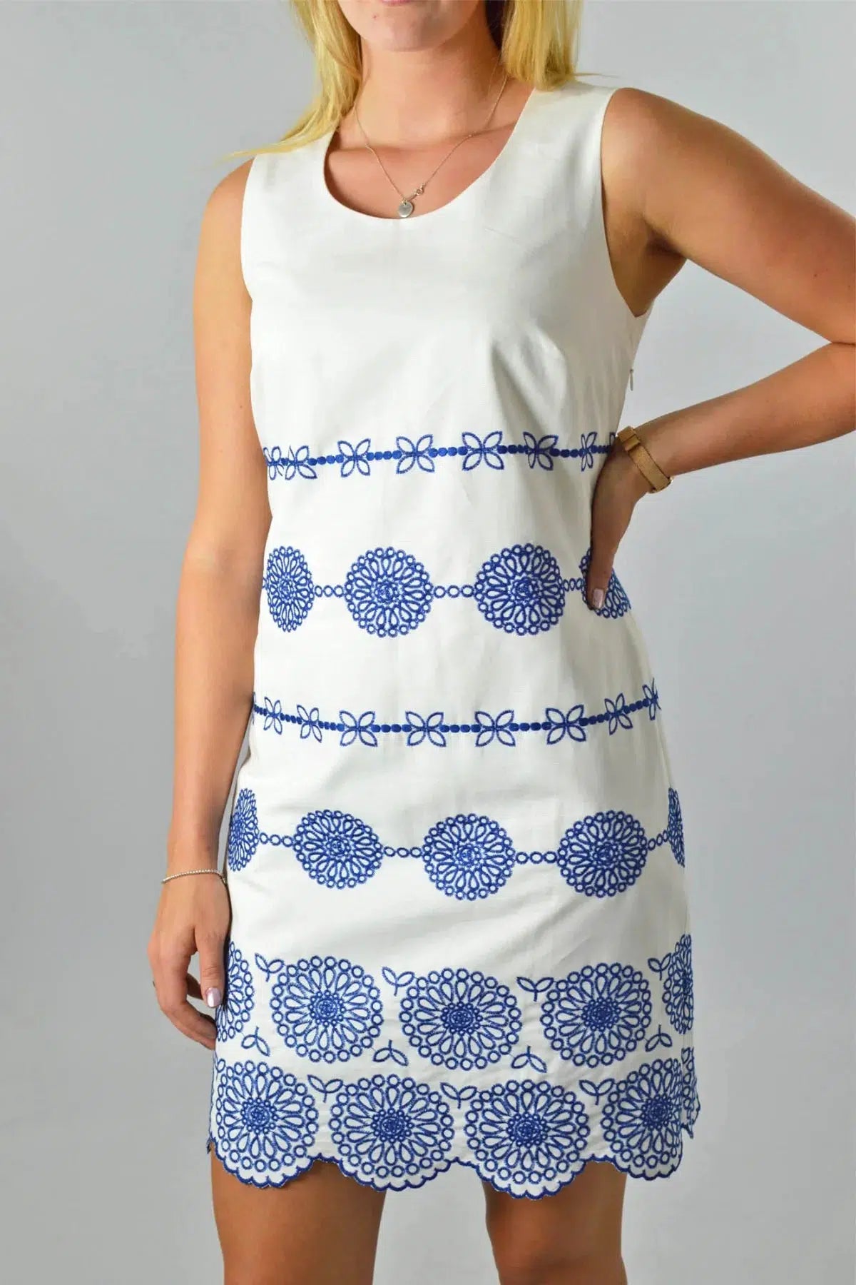 Boden White Blue Embroidered Scallop Hem Dress White/Blue /