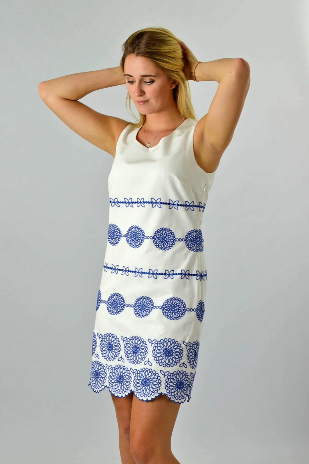 Boden White Blue Embroidered Scallop Hem Dress White/Blue /
