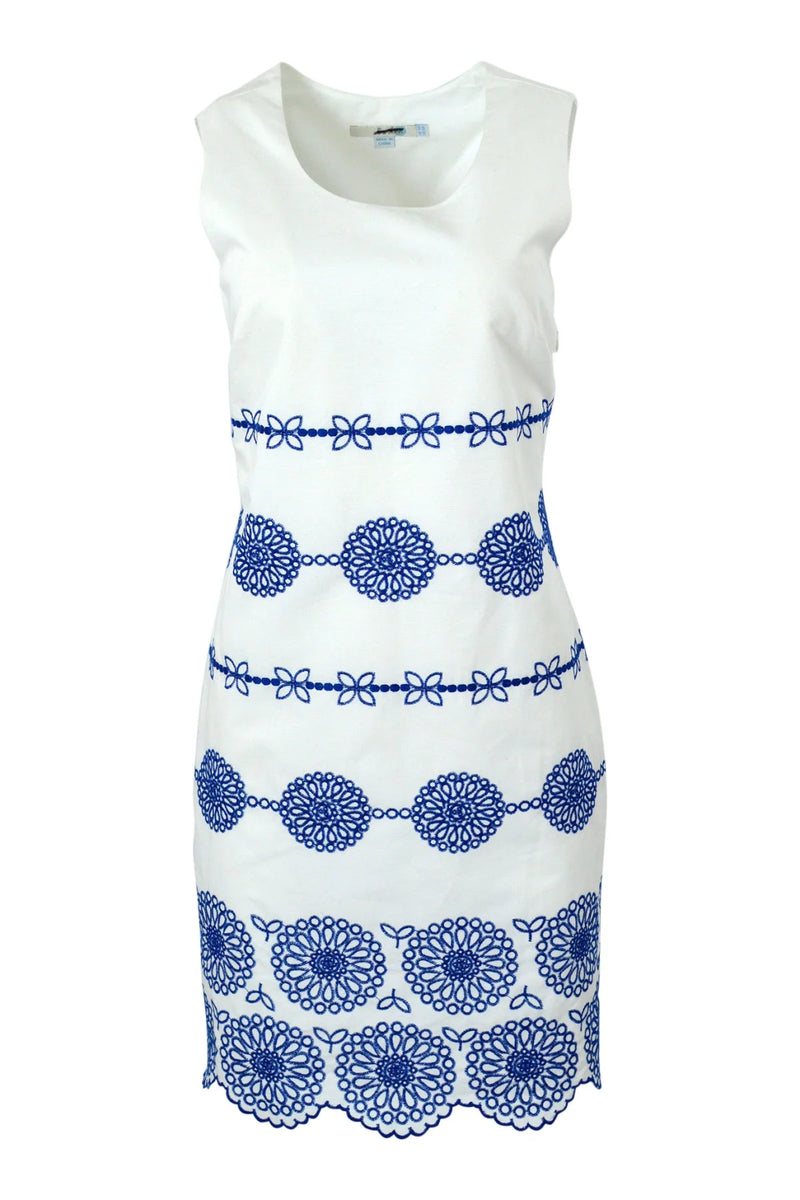 Boden White Blue Embroidered Scallop Hem Dress White/Blue /