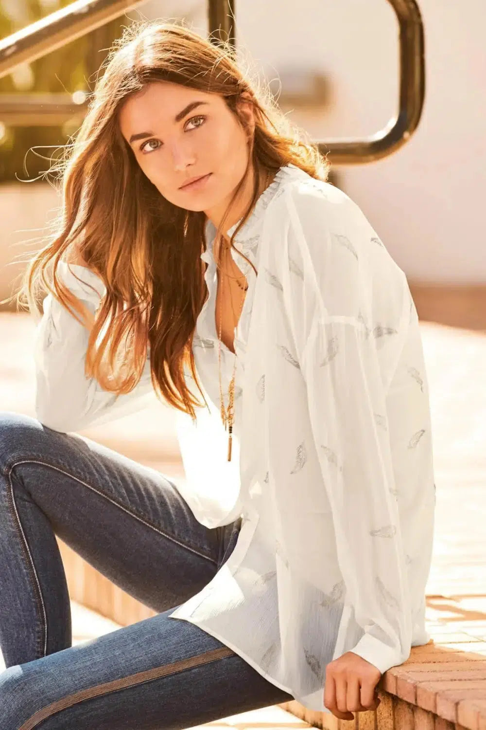 Pleated Collar Feather Print Long Line Tunic Secret Label