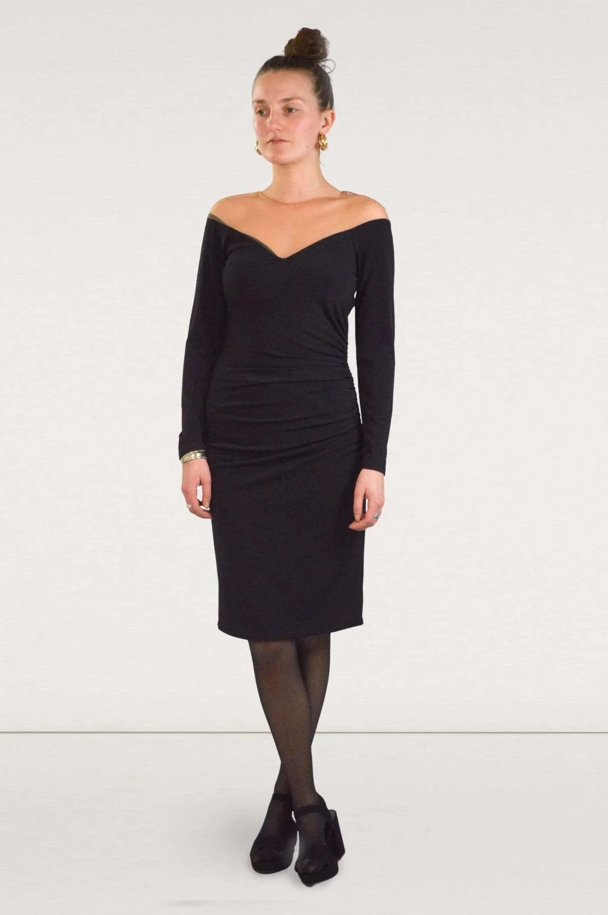 Coast Mesh Shoulder Ruched Waist Dress Black / 8