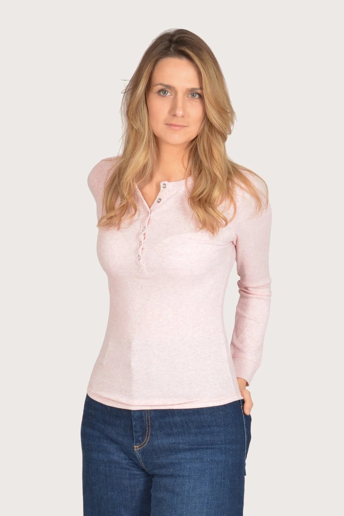 M&S Cotton Ribbed Henley Top Pale Pink / 12