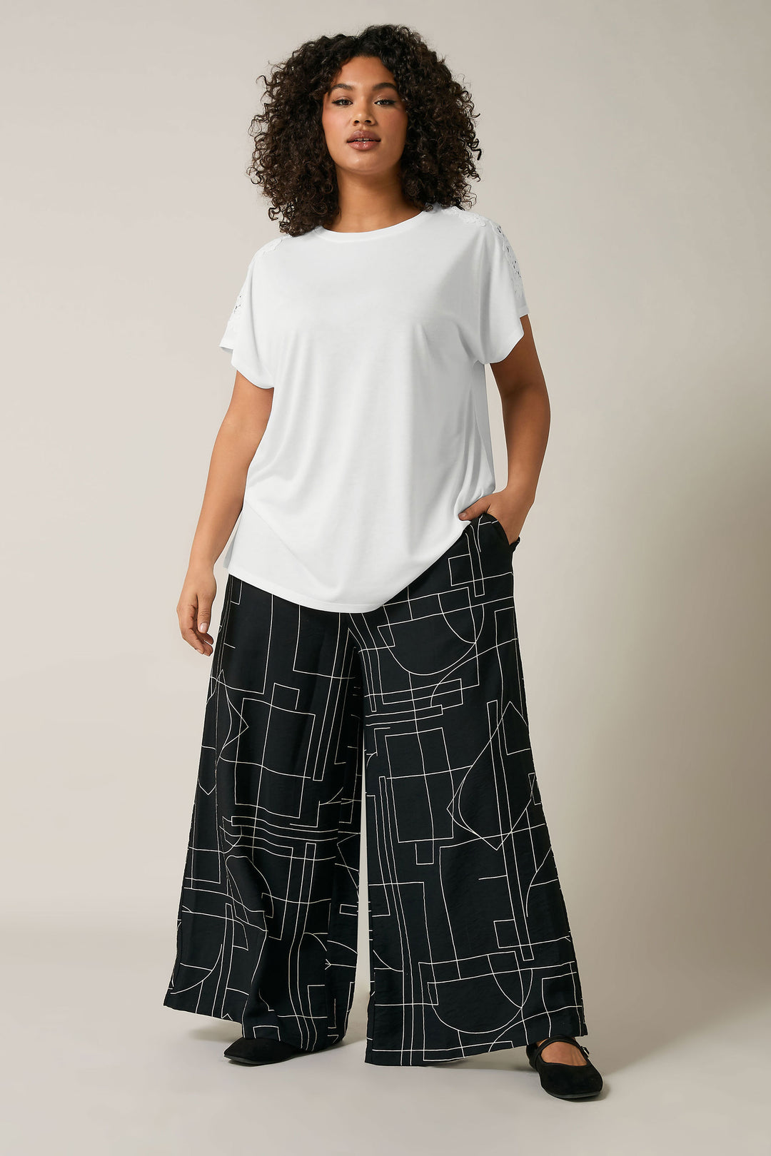 Black Geometric Print Wide Leg Trousers