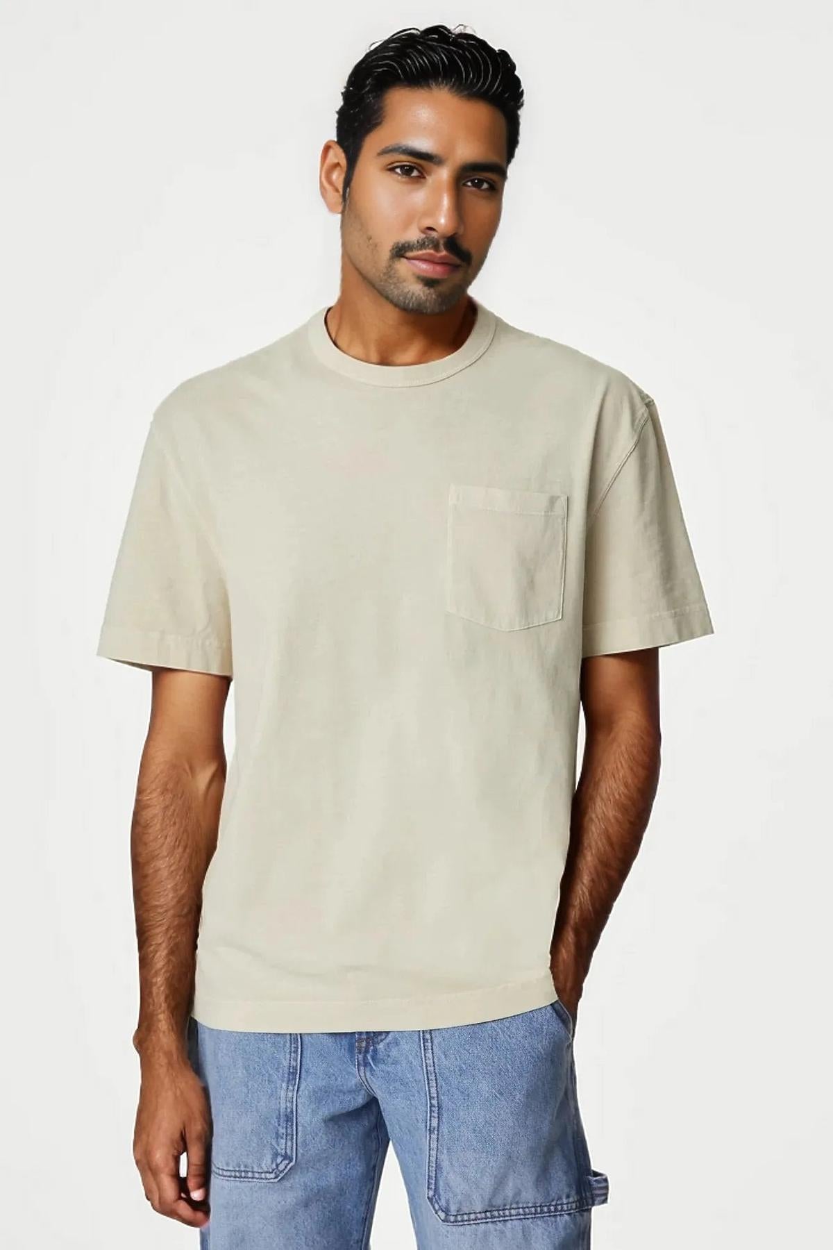 Men Beige Premium Loose-Knit Contrast Pocket T-Shirt
