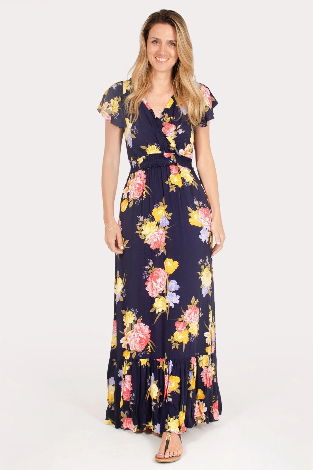 Dorothy Perkins Navy Floral V Neck Maxi Dress Multi / 12