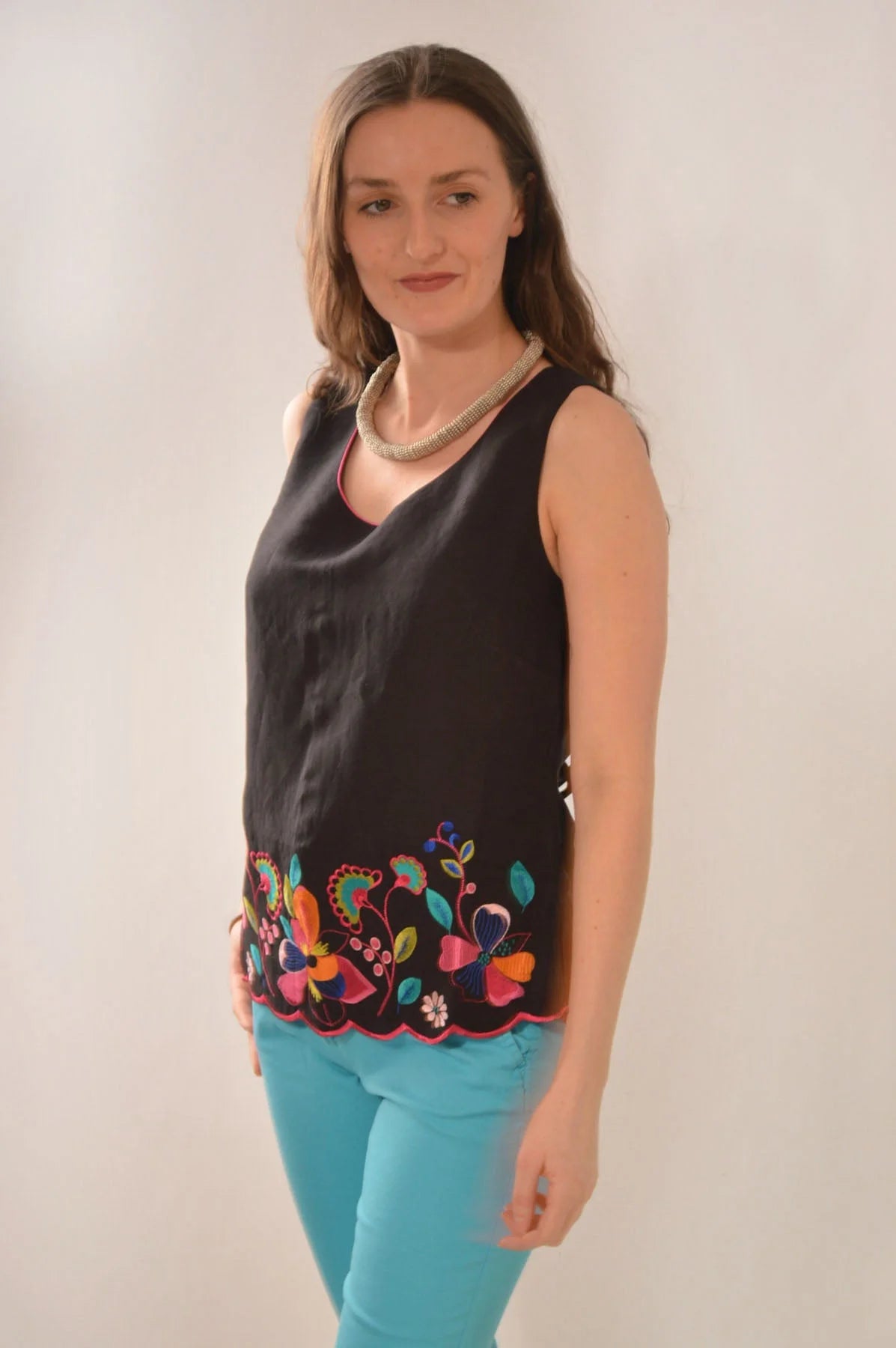 East Linen Vibrant Embroidered Top