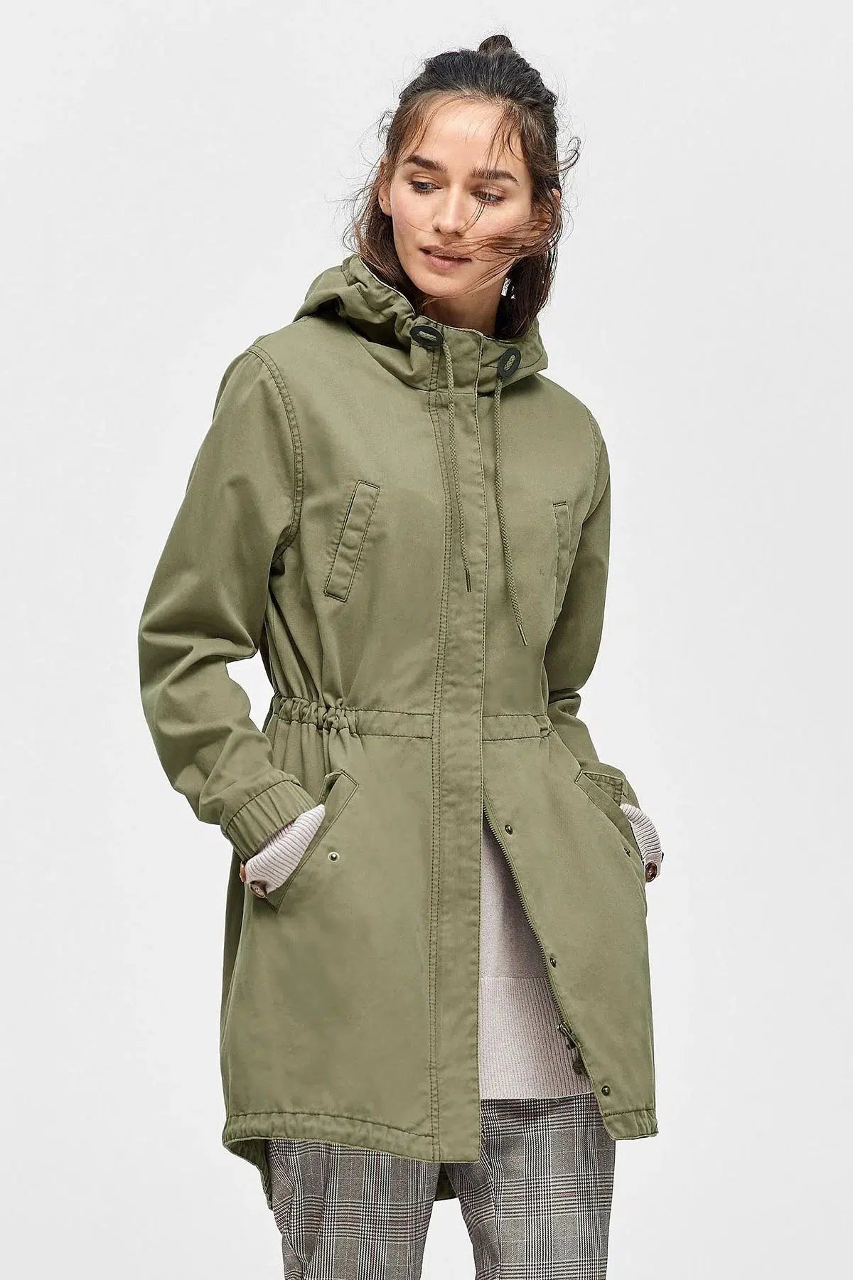 Ellos Longline Zip Front Parka Coat Jacket Khaki Green / 10