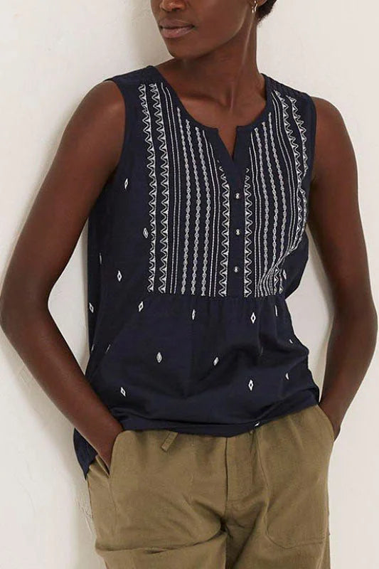 Fat Face Ikat Embroidered Sleeveless Top Navy / 6