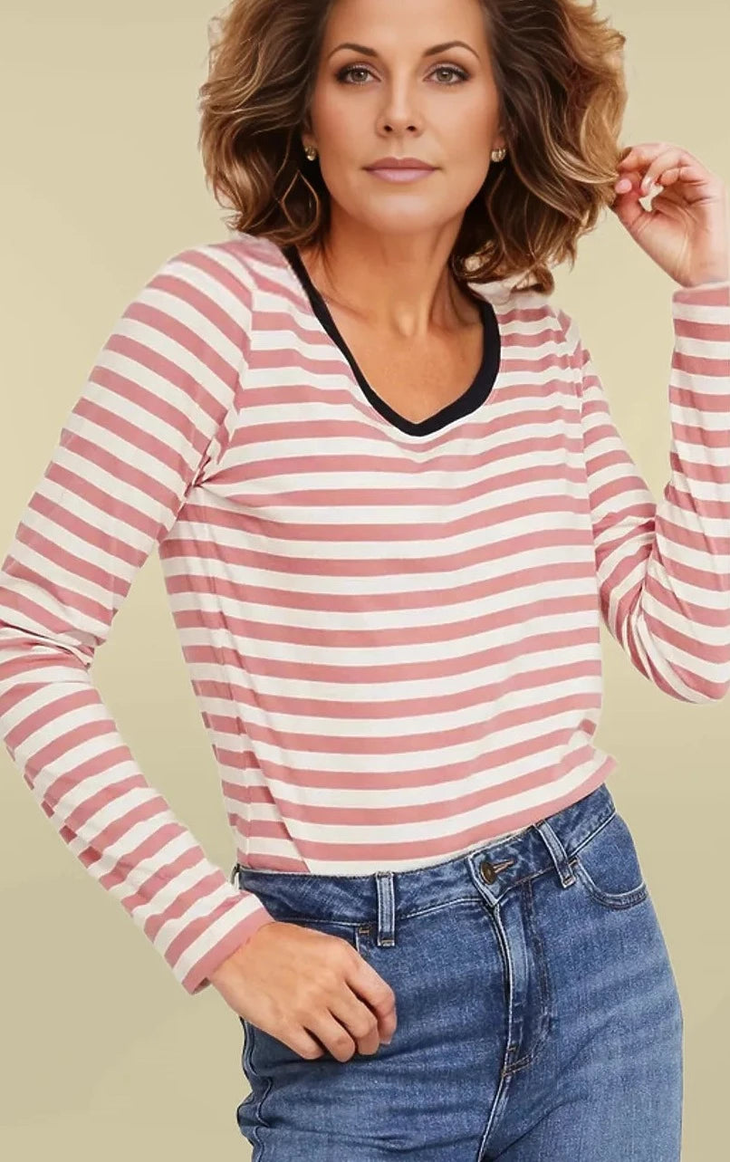 Fat Face Striped Pure Cotton Top Pink/Ivory / 8
