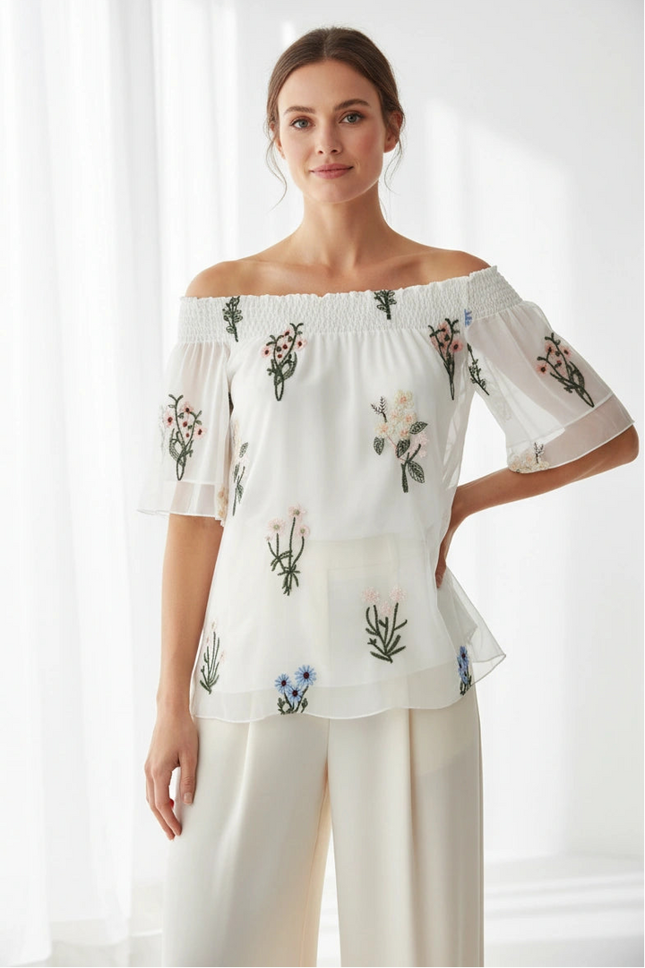 White Floral Embroidered Bandeau Top