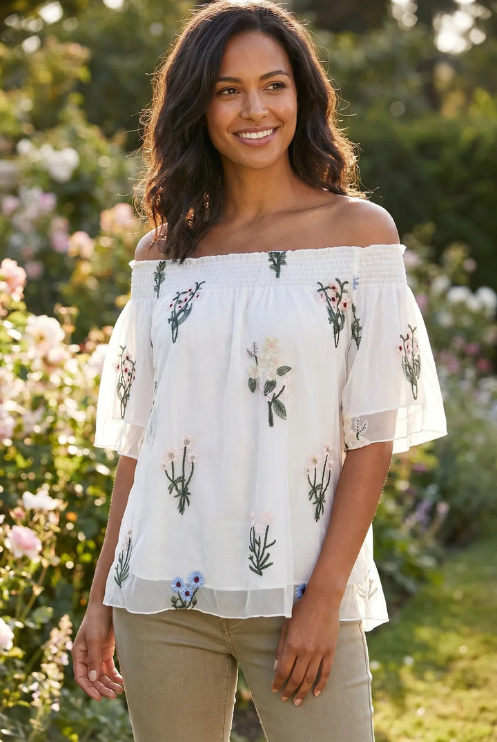 White Floral Embroidered Bandeau Top