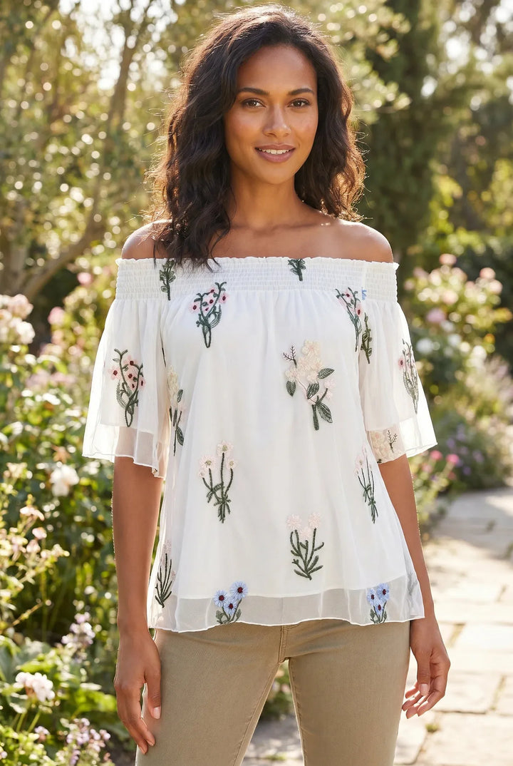 White Floral Embroidered Bandeau Top