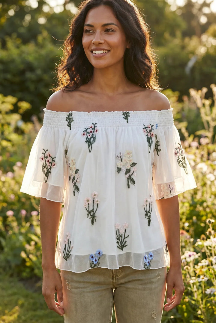 White Floral Embroidered Bandeau Top