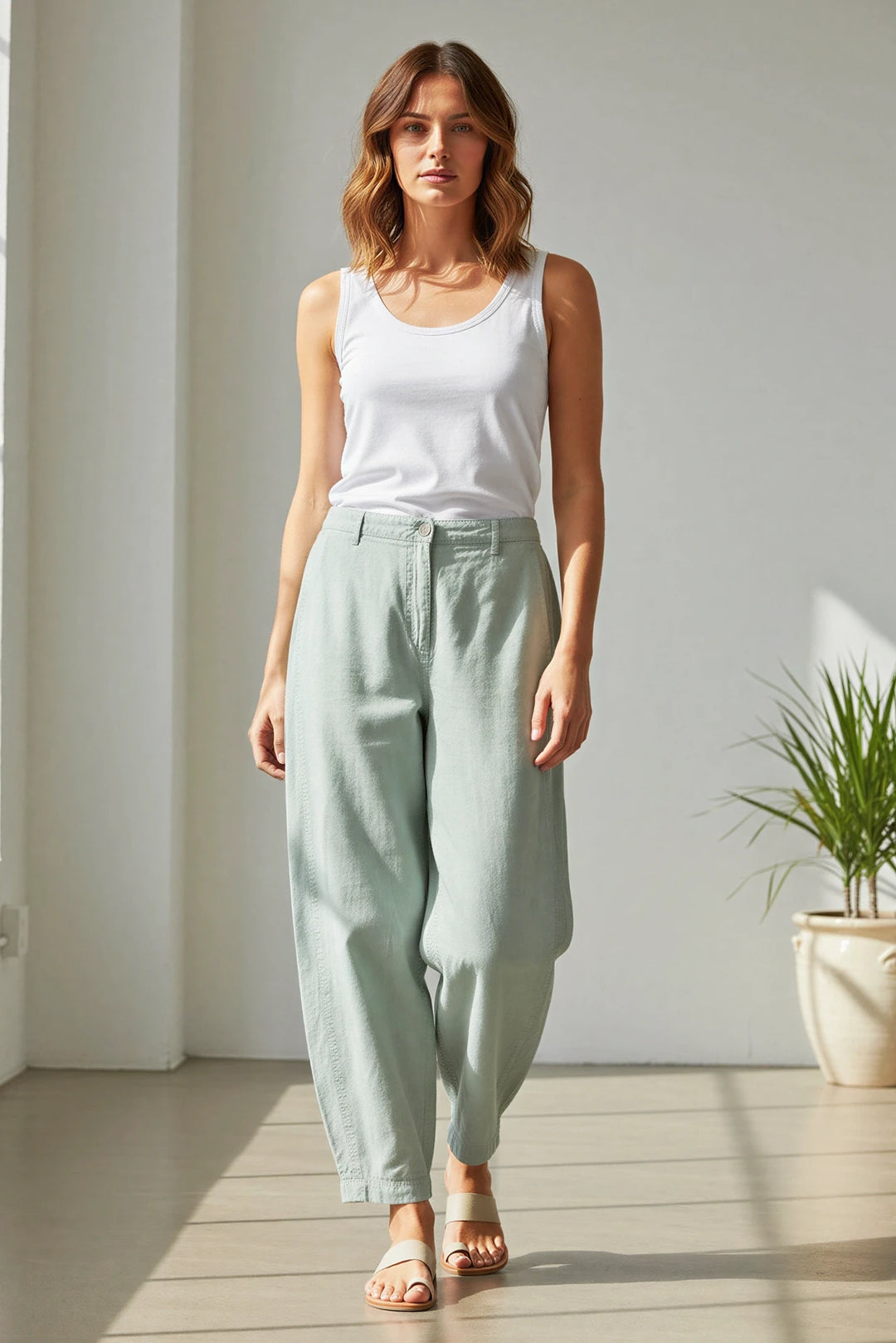 Linen Blend Barrel Leg Trousers