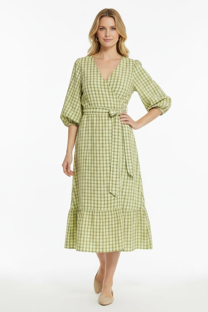Check V Neck Midi Dress