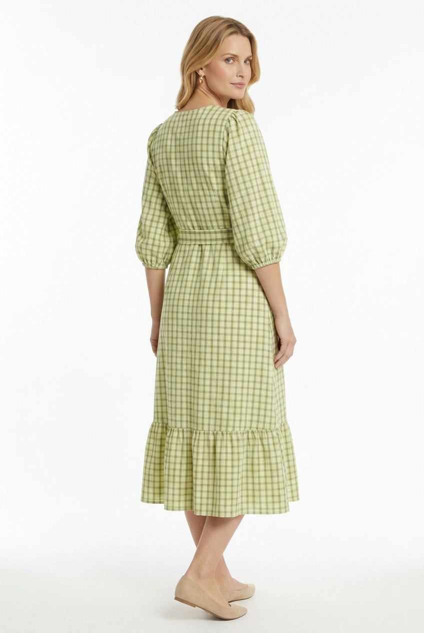 Check V Neck Midi Dress