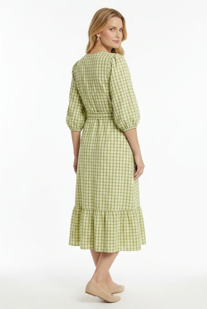 Check V Neck Midi Dress