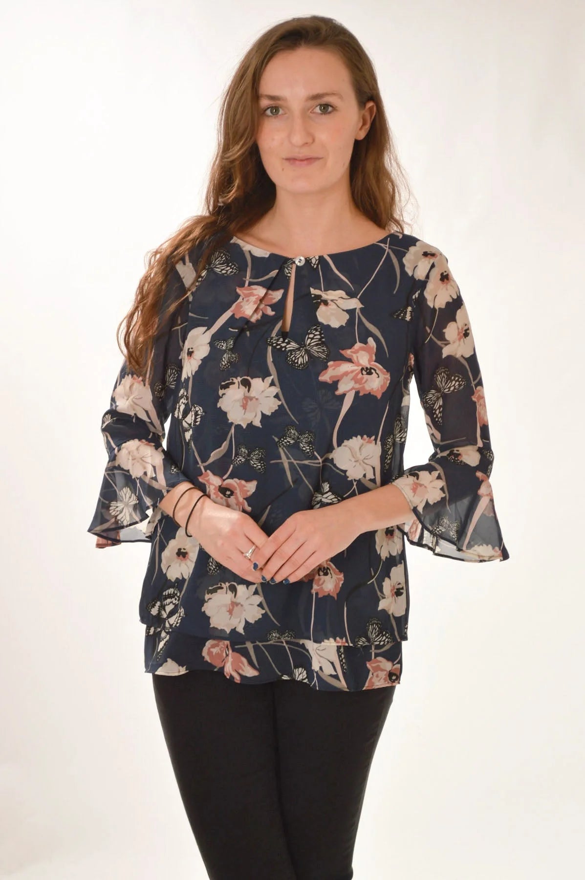 M&S Floral Flare Sleeve Blouse Navy Mix / 8