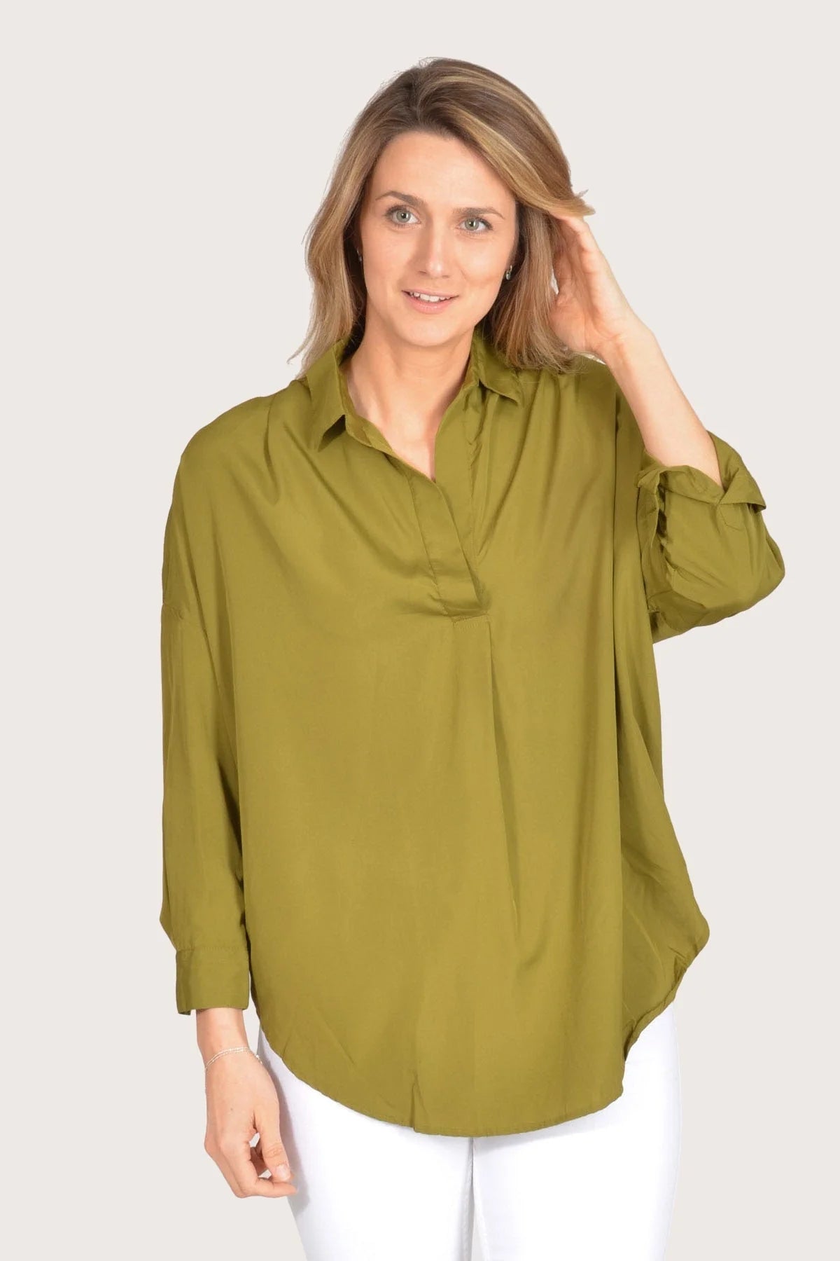 French Connection Popover Oversized Silky Shirt Olive / L
