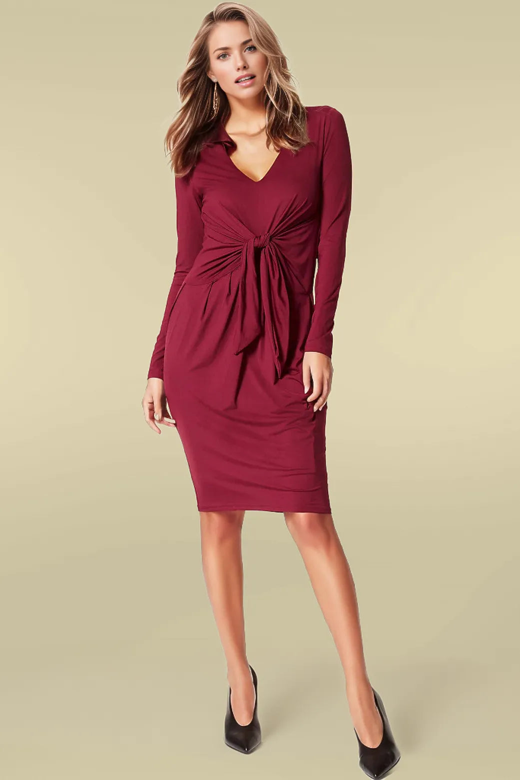 M&S Tie Front Jersey Dress Burgundy / 6